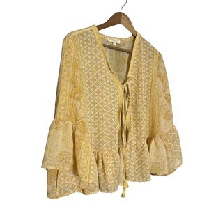 Rebellion Again‎ Yellow Lace Floral Kimono Festival Boho Bell Sleeve Cropped L